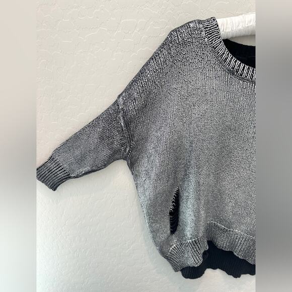 GUESS | Silver Metallic Distressed Sweater Grunge Knit Pullover | Size Small - Picture 3 of 7
